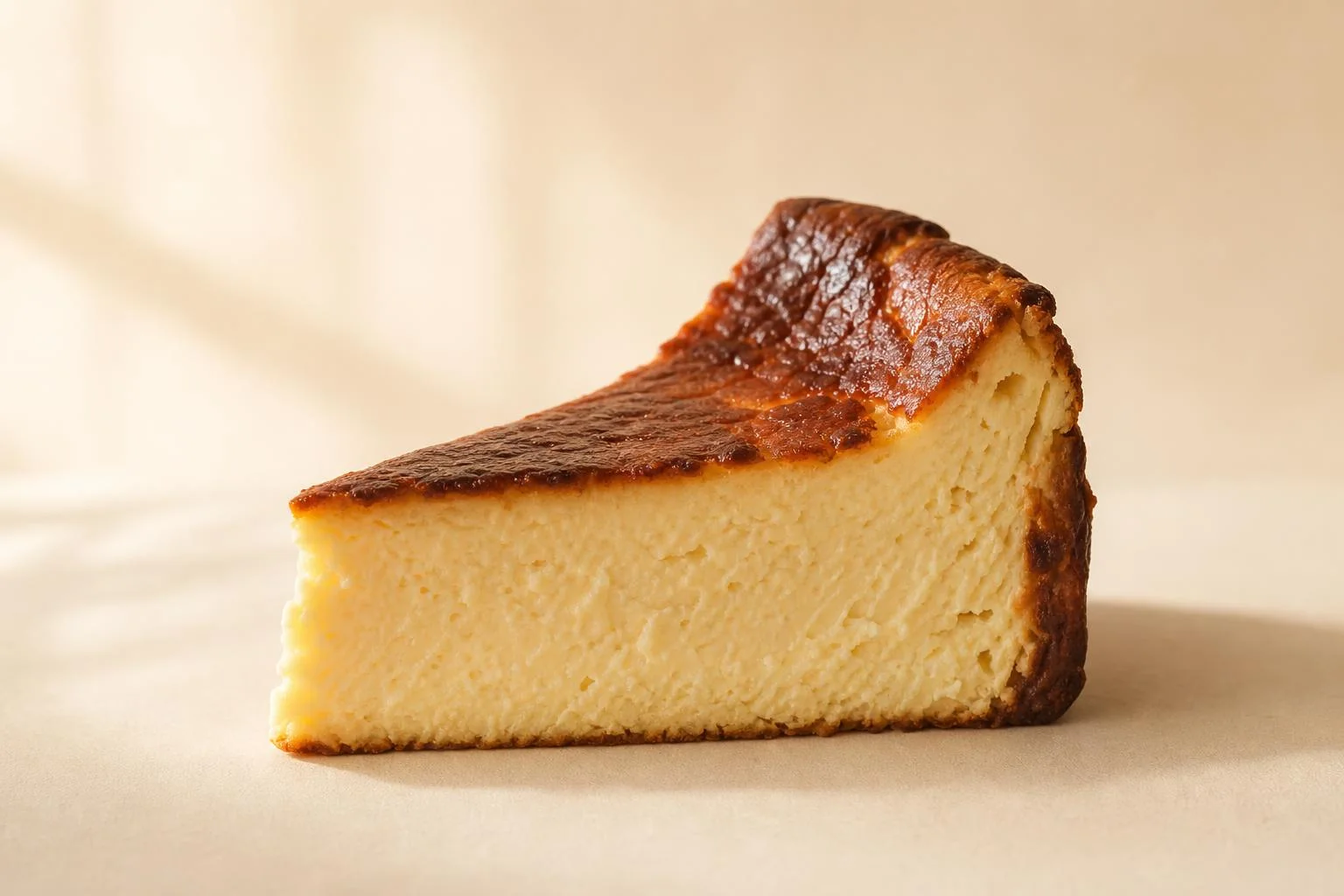 Stück San-Sebastian-Cheesecake mit karamellisierter Oberfläche auf hellem Grund